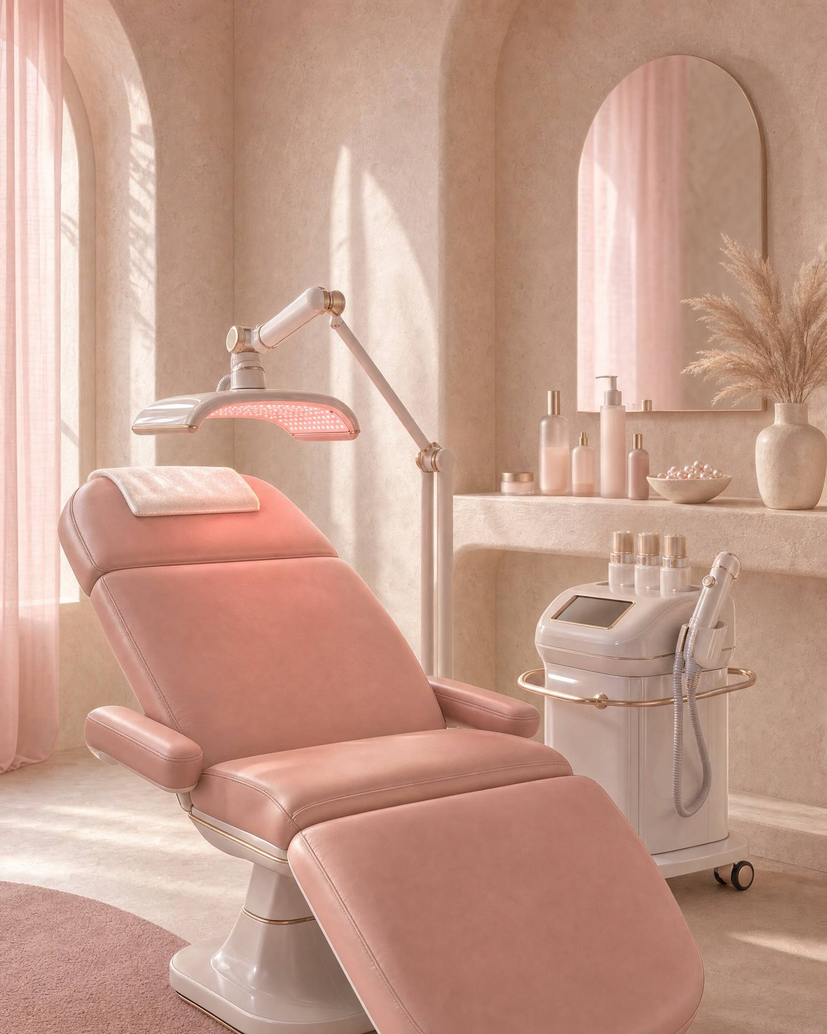 L’espace visage : fauteuil blush, appareil LED et étagère claire sous une arche.
