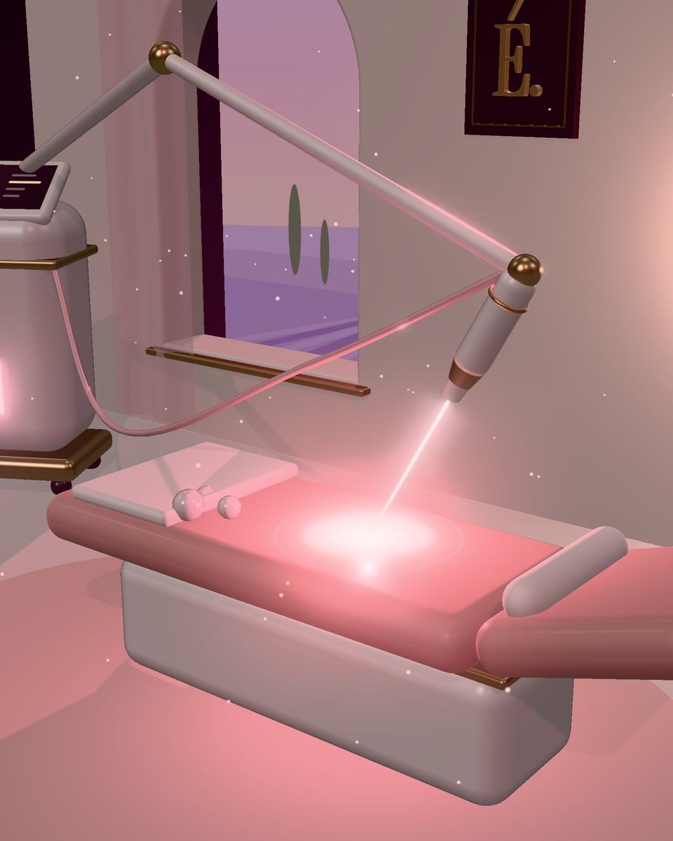 Maquette 3D de la salle laser : borne laser, lit blush, arche ouverte sur les champs de lavande.