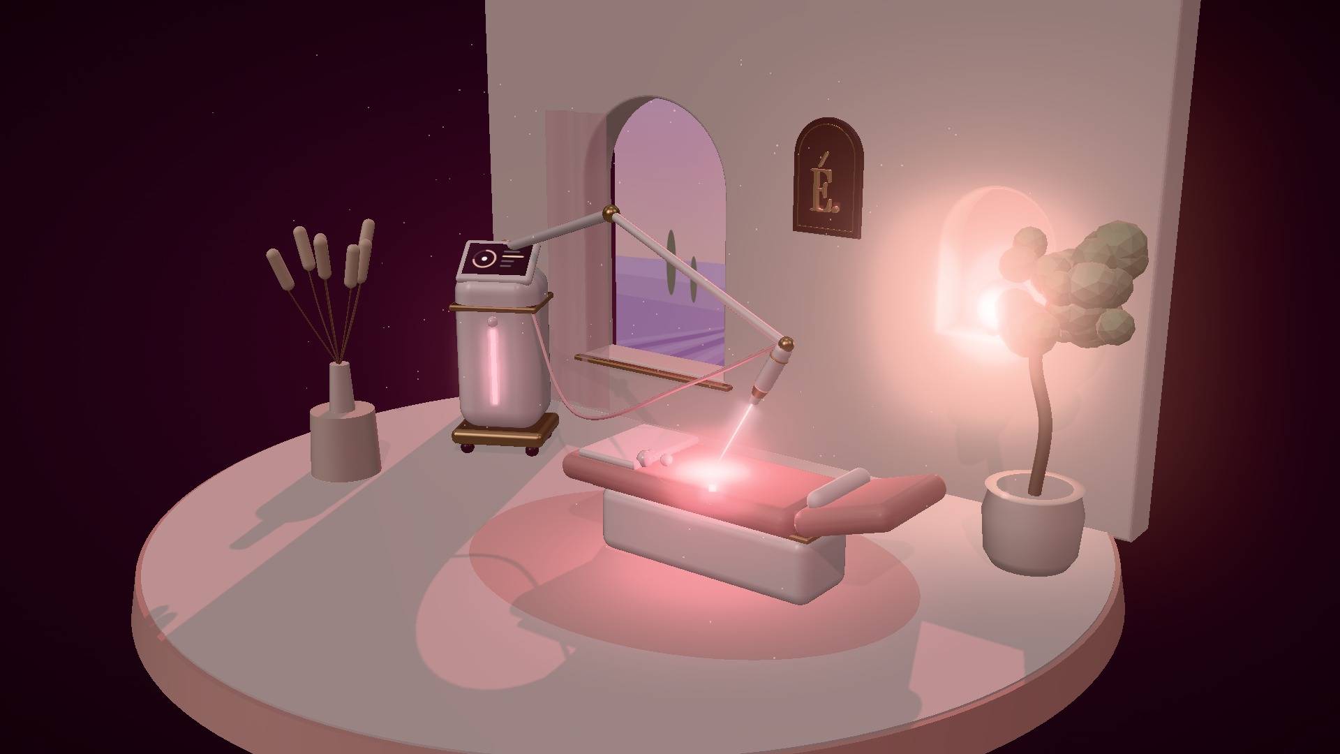 La maquette 3D de la salle laser, le soir : lumière rose et monogramme au mur.