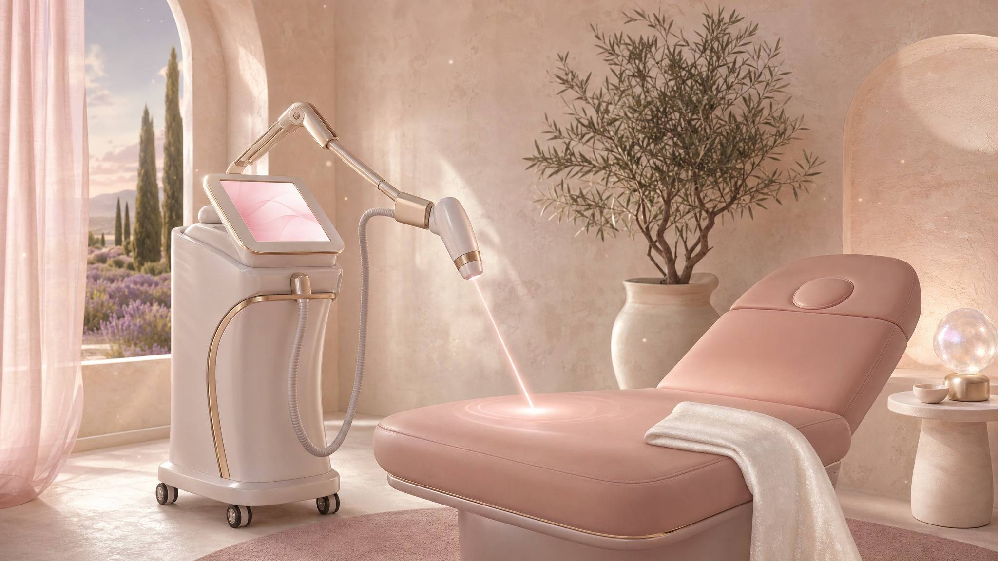 La salle laser : borne laser blanche et champagne, lit blush, olivier, arche ouverte sur un champ de lavande.